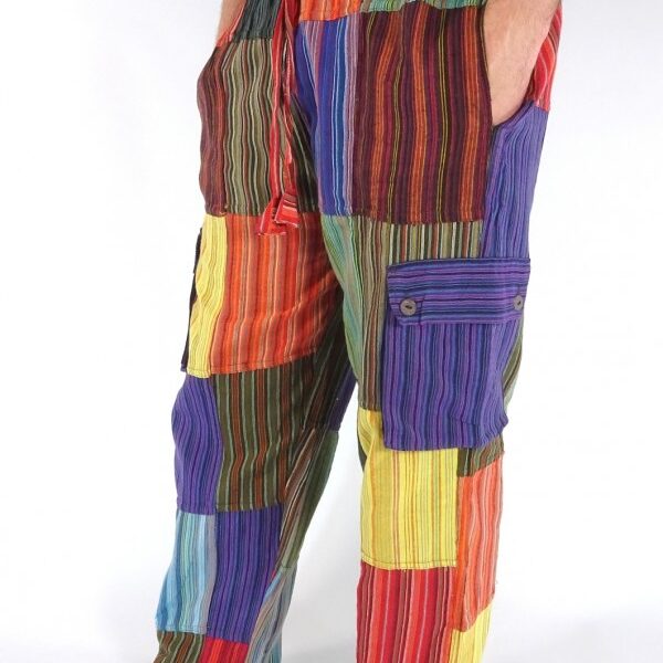 Stripe Cotton Patchwork Cargo Pocket Trousers