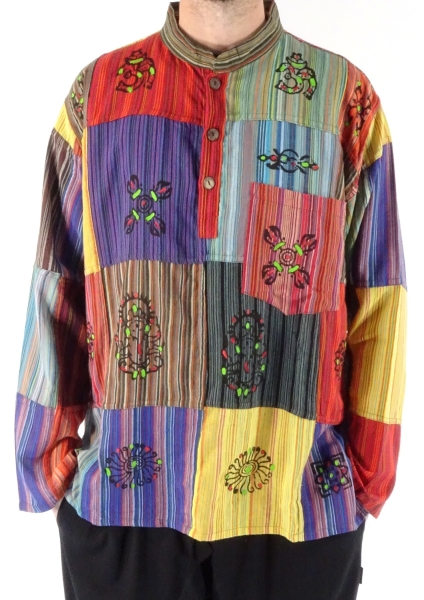 Stripe Cotton And Block Print Patchwork Three Button Shirt