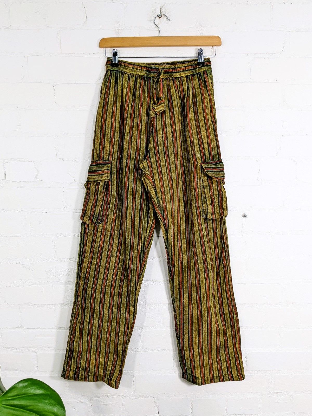 Stonewashed Striped Cotton Cargo Trousers