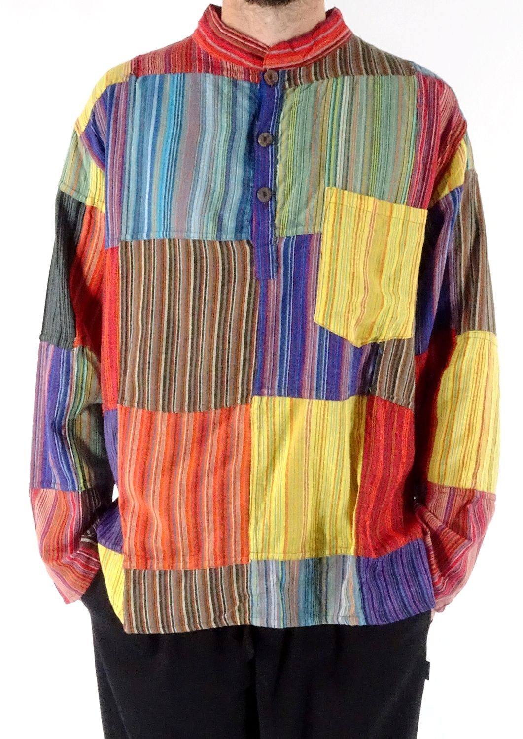 Stripe Cotton Plain Patchwork 3 Button Shirt