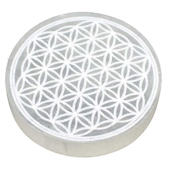 Selenite Crystal Round Flower of Life Charging Plate