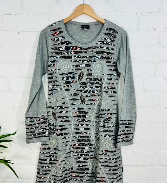 Grey Slash and Flower Long Sleeve Dress