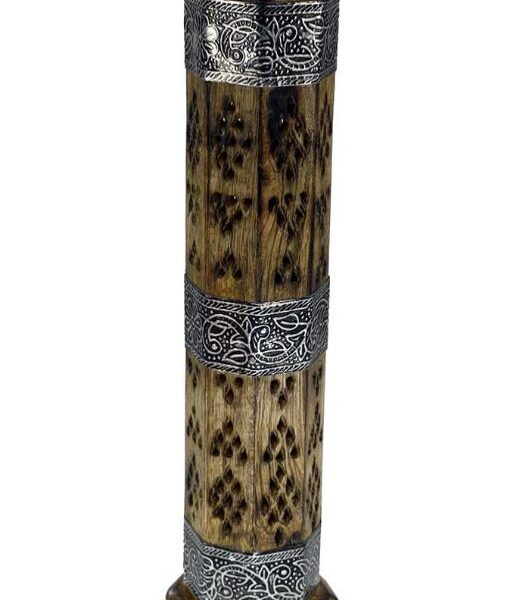 Mango Wood Octagon Silver Metal Strip Incense Tower